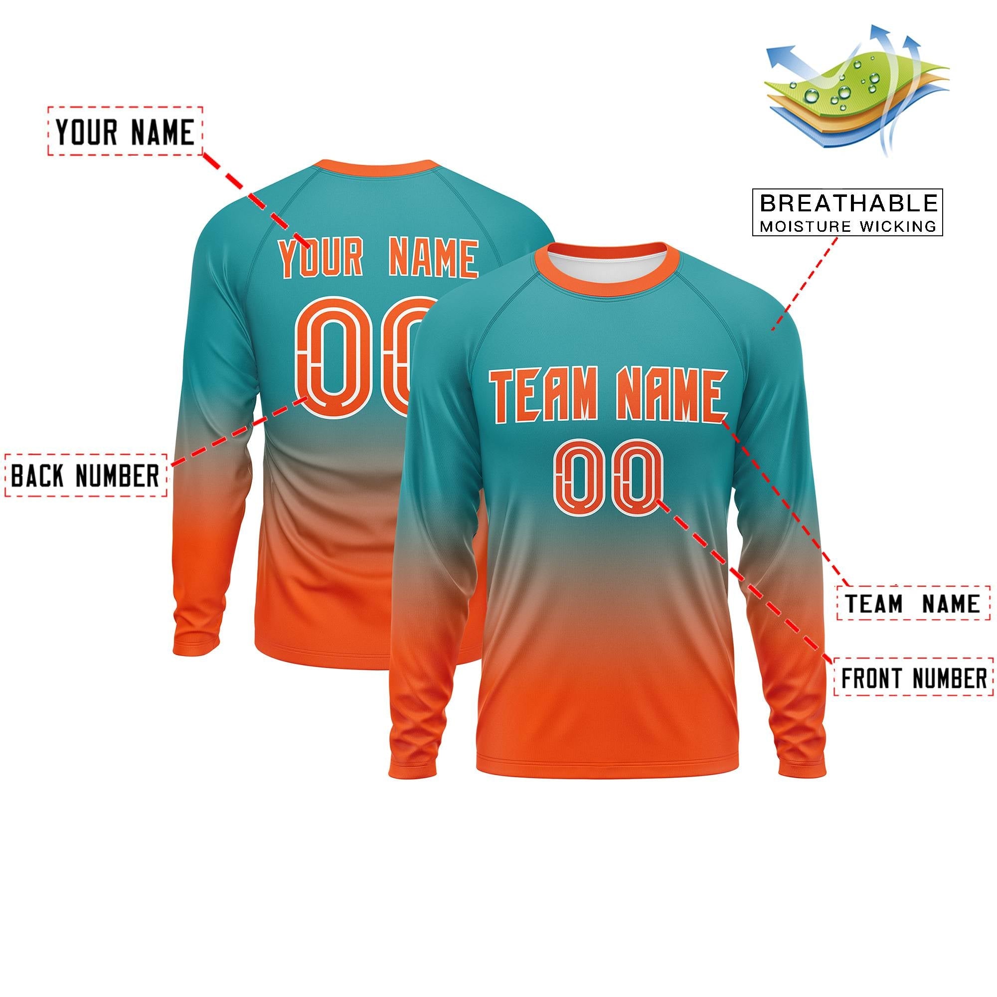 Custom Aqua-Orange Gradient Fashion Design Long Sleeve Performance T-Shirt