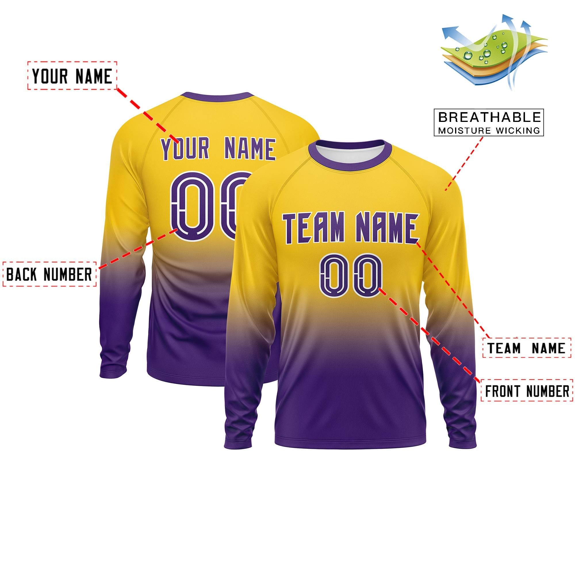 Custom Gold-Purple Gradient Fashion Design Long Sleeve Performance T-Shirt