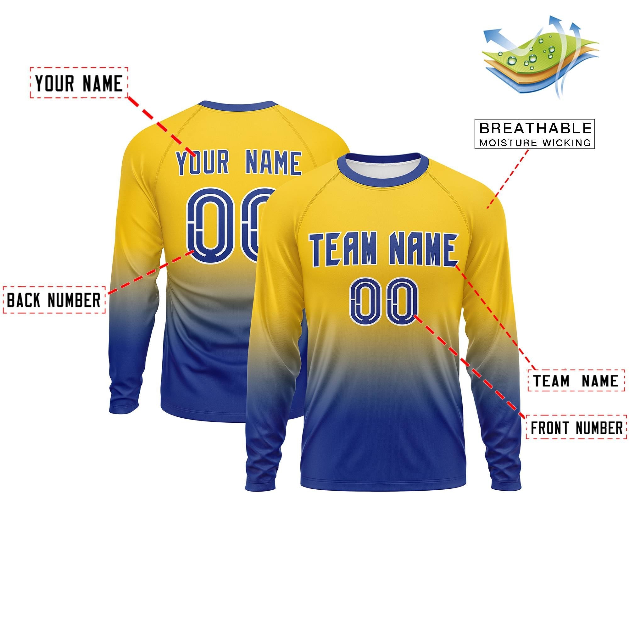 Custom Gold-Royal Gradient Fashion Design Long Sleeve Performance T-Shirt