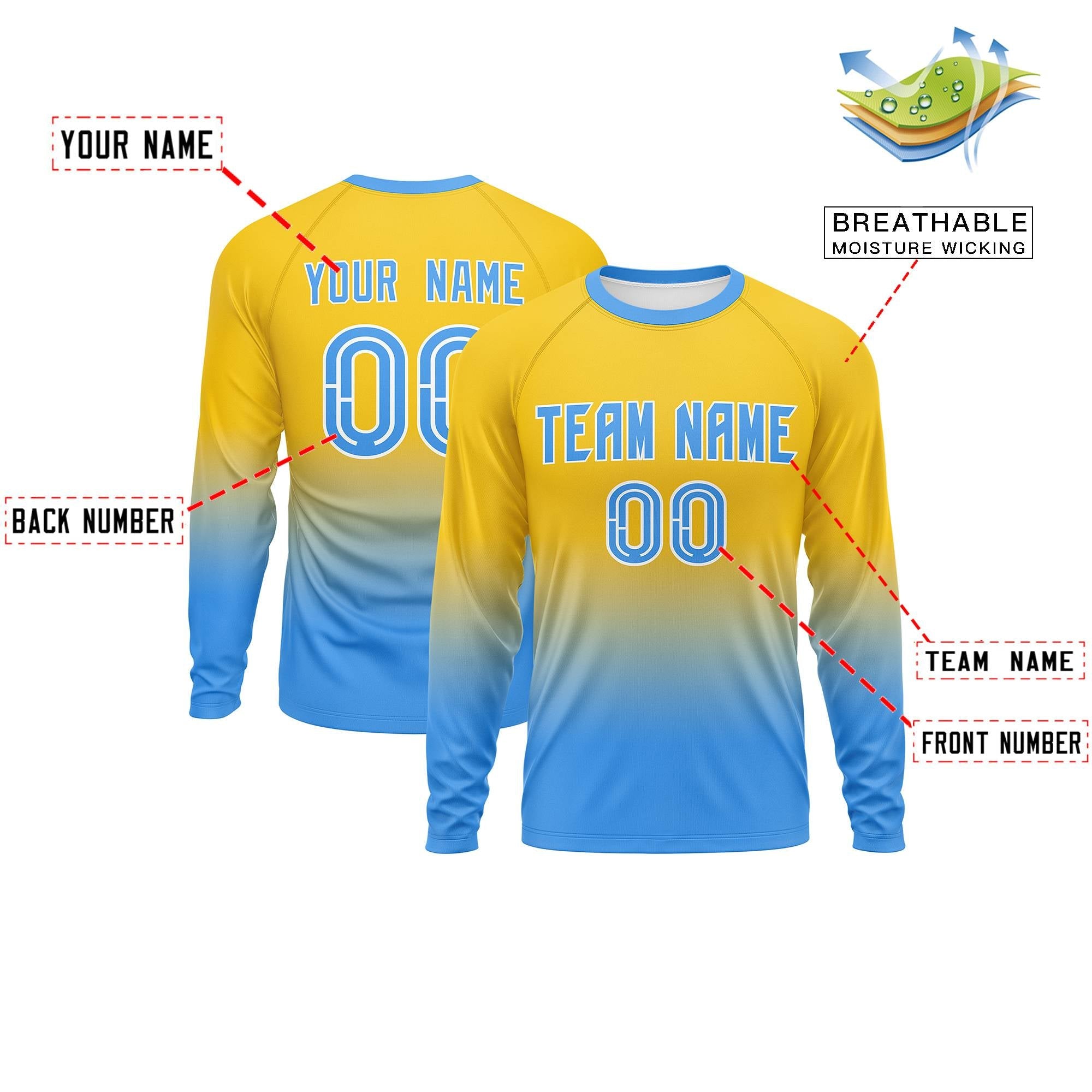 Custom Gold-Powder Blue Gradient Fashion Design Long Sleeve Performance T-Shirt