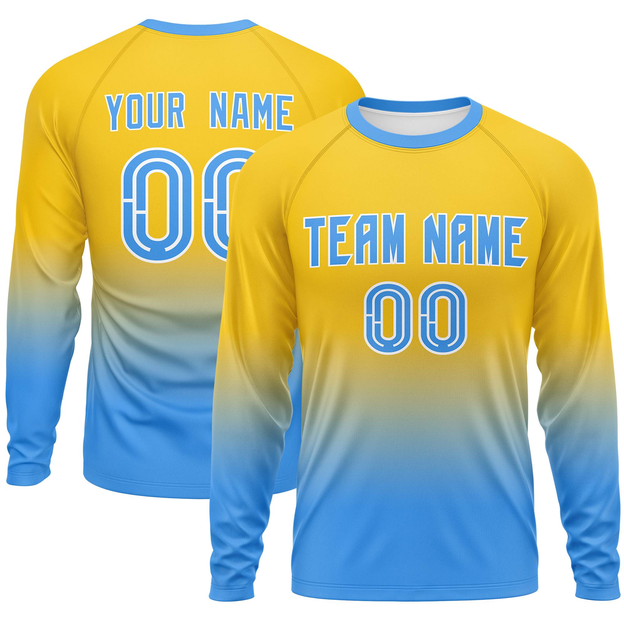 Custom Gold-Powder Blue Gradient Fashion Design Long Sleeve Performance T-Shirt