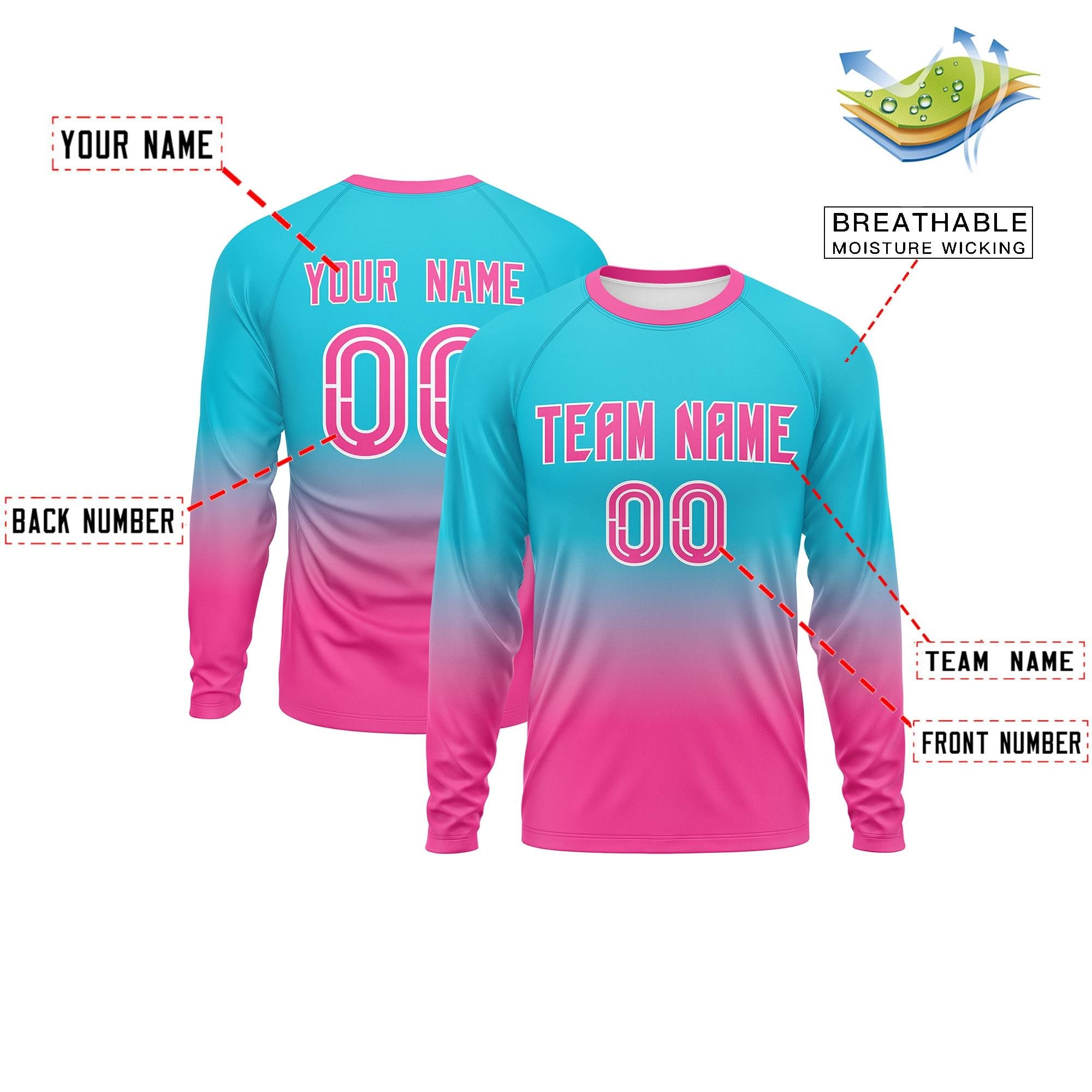 Custom Sky Blue-Pink Gradient Fashion Design Long Sleeve Performance T-Shirt