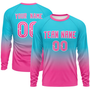 Custom Sky Blue-Pink Gradient Fashion Design Long Sleeve Performance T-Shirt