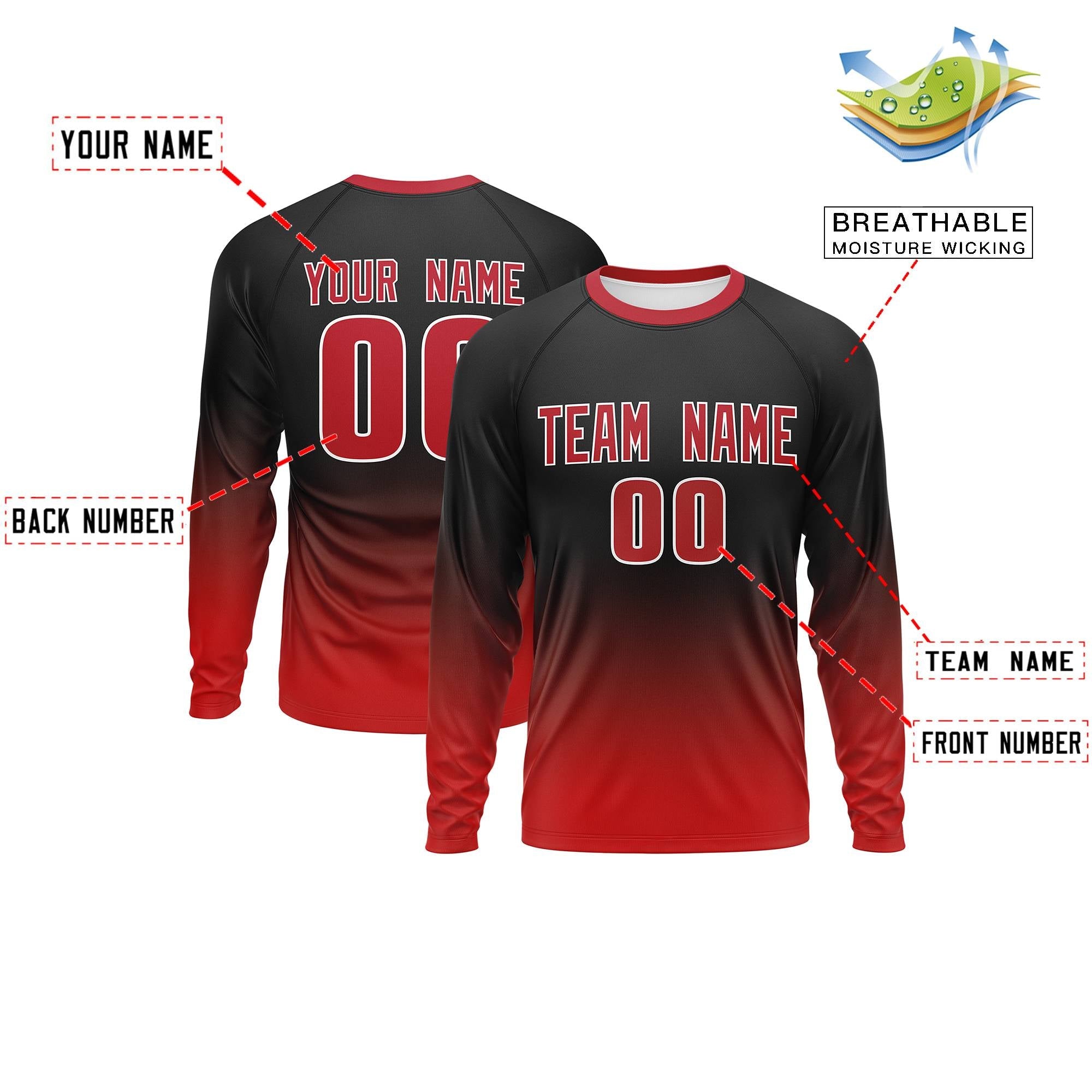 Custom Black-Red Gradient Fashion Design Long Sleeve Performance T-Shirt