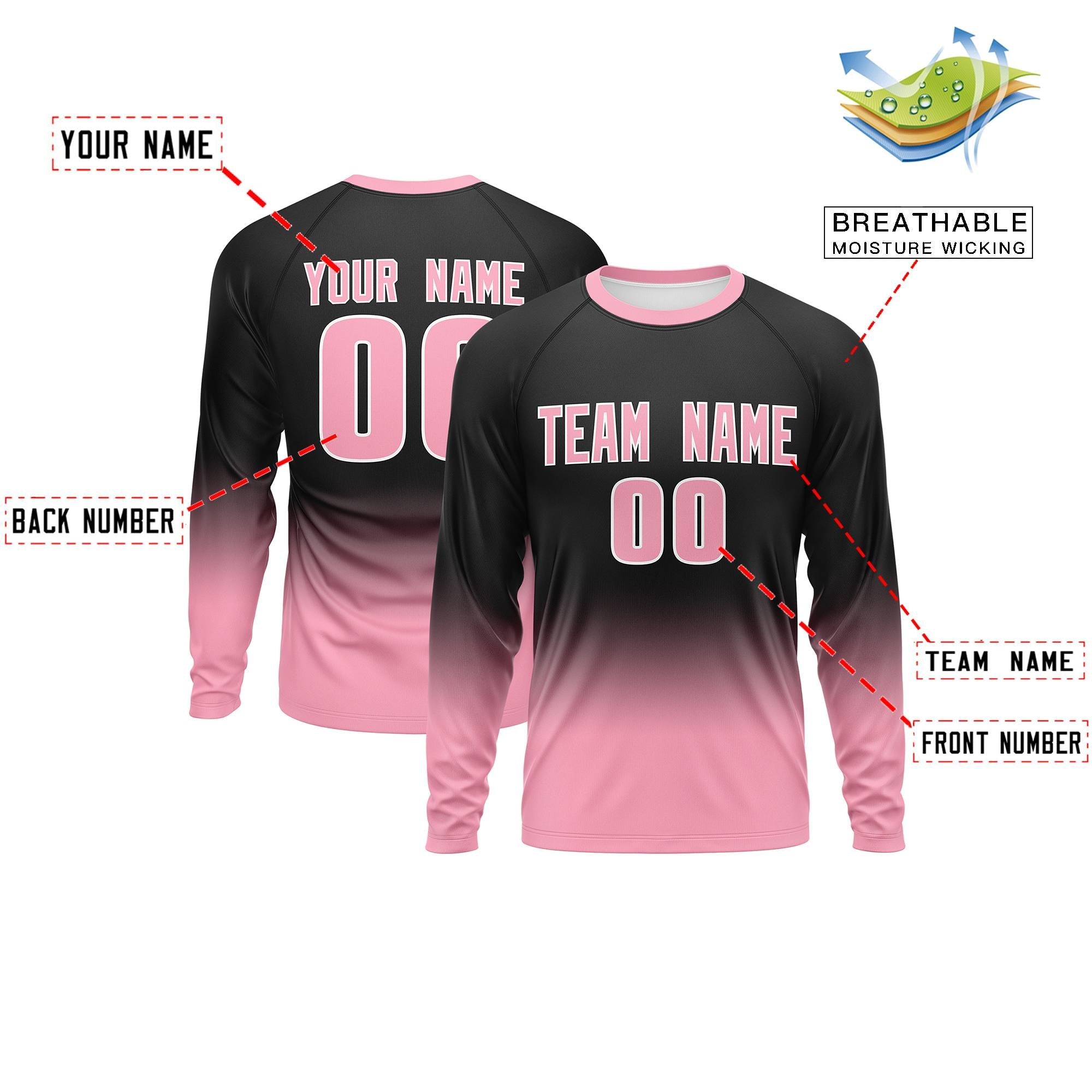 Custom Black-Light Pink Gradient Fashion Design Long Sleeve Performance T-Shirt