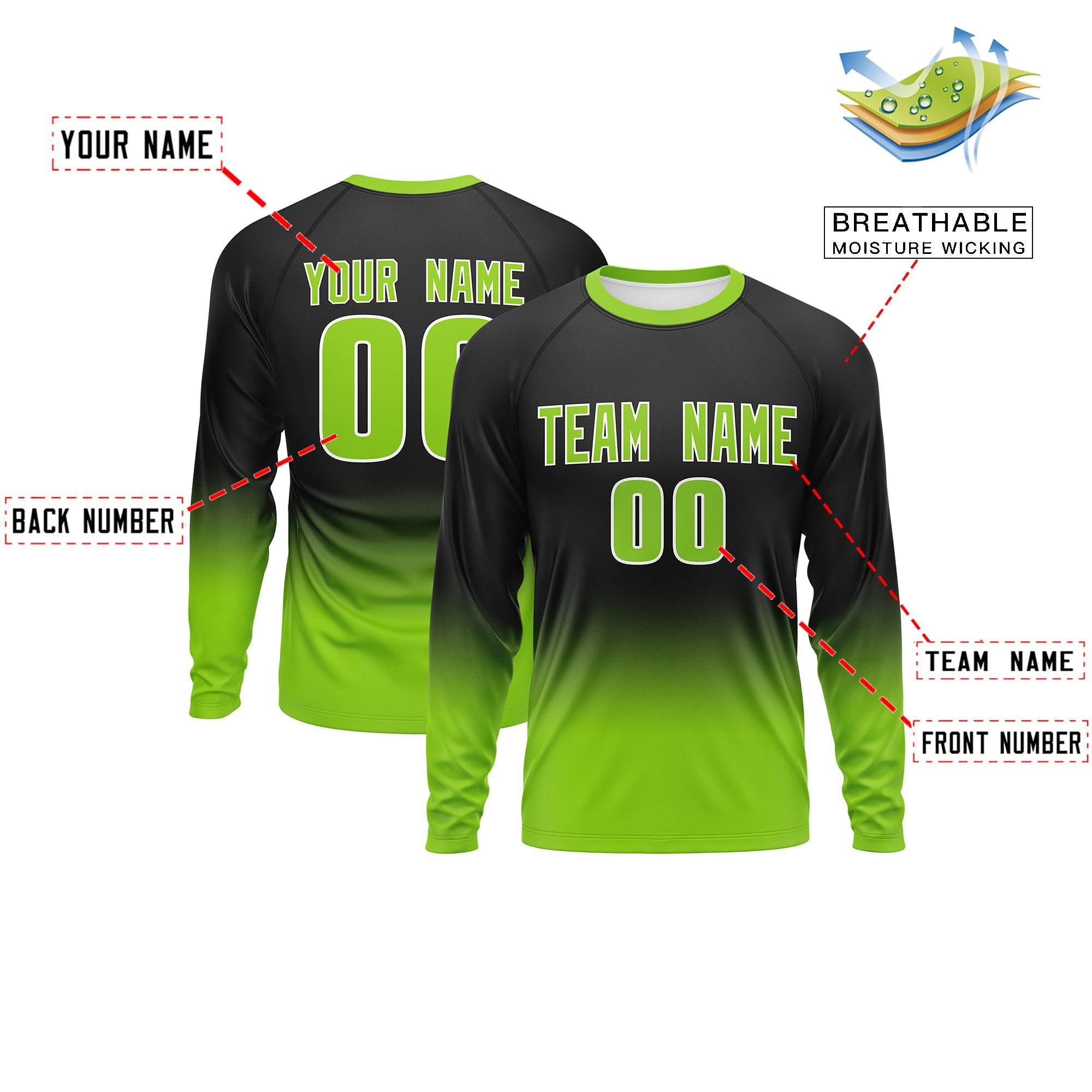 Custom Black-Neon Green Gradient Fashion Design Long Sleeve Performance T-Shirt