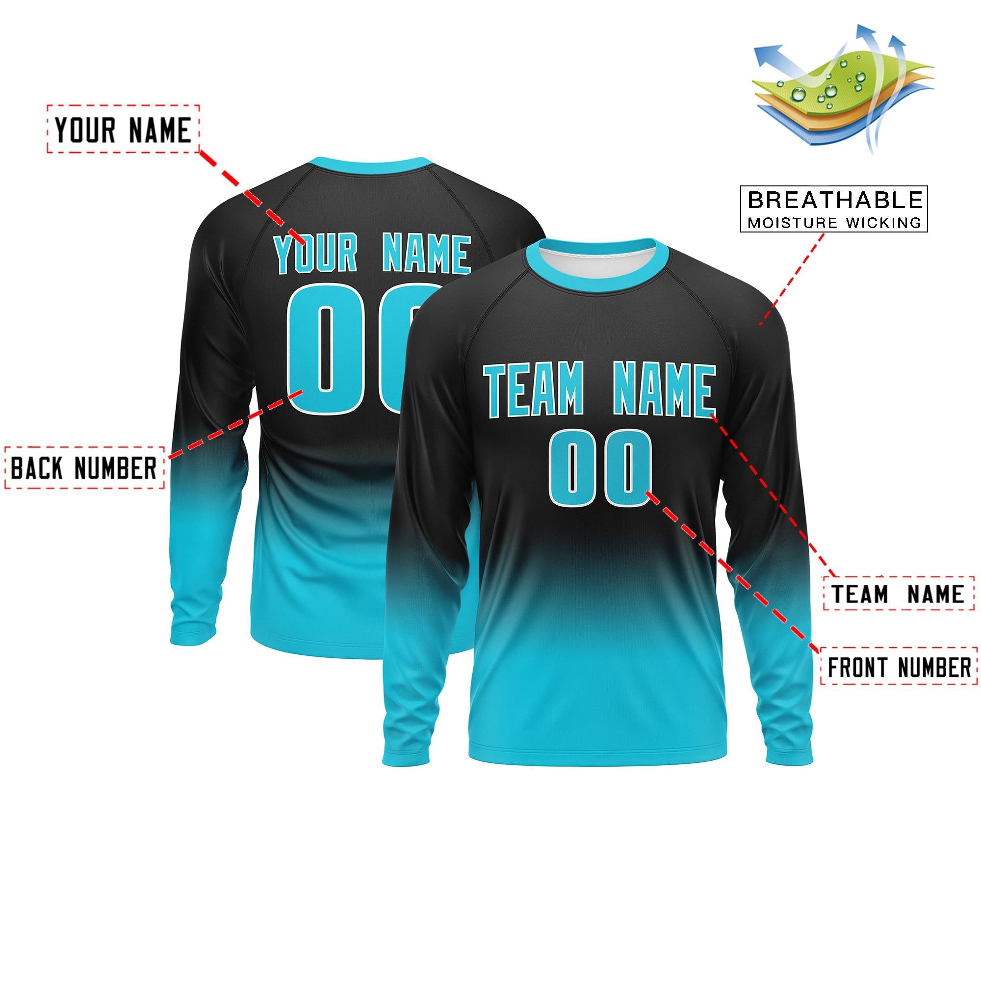 Custom Black-Sky Blue Gradient Fashion Design Long Sleeve Performance T-Shirt