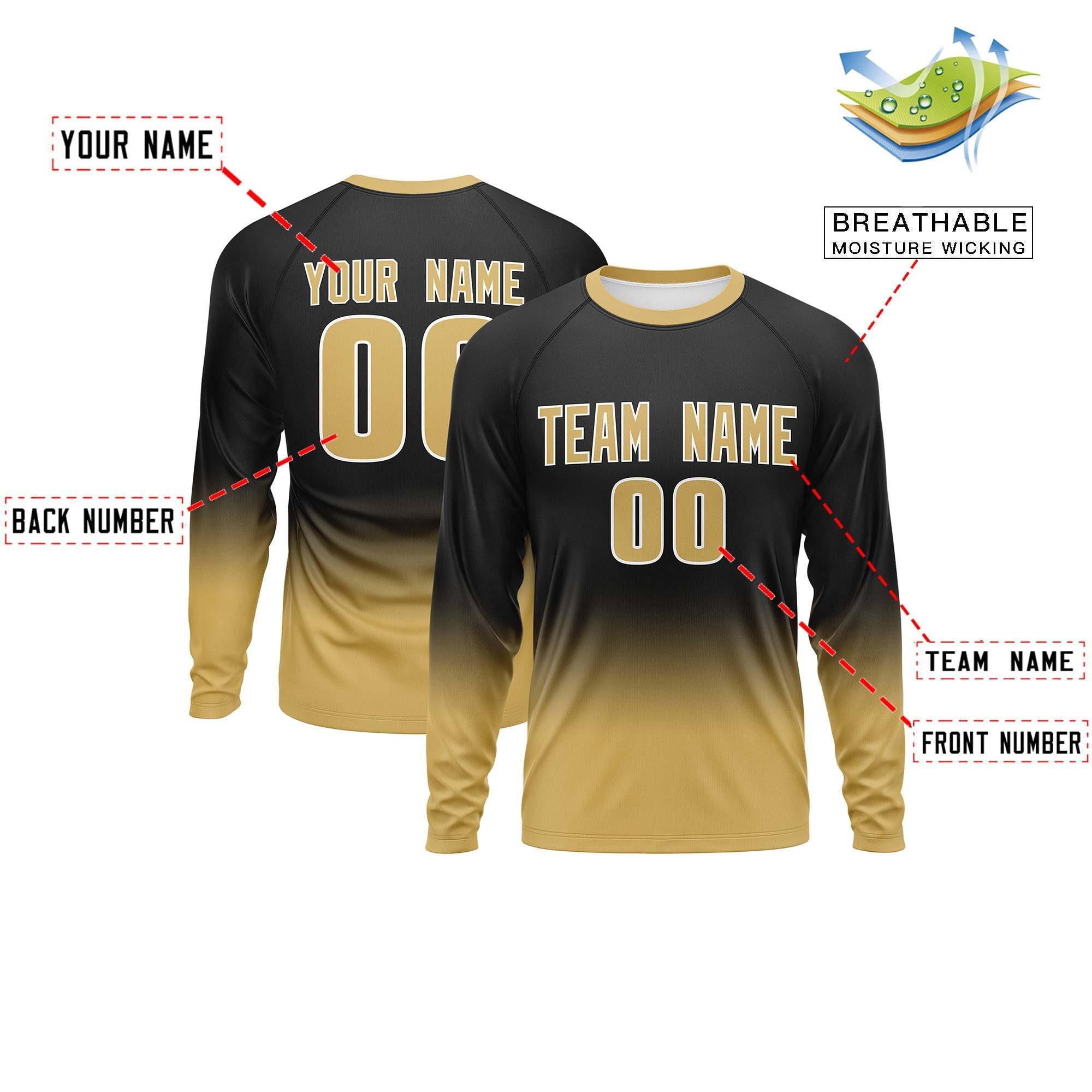 Custom Black-Old Gold Gradient Fashion Design Long Sleeve Performance T-Shirt