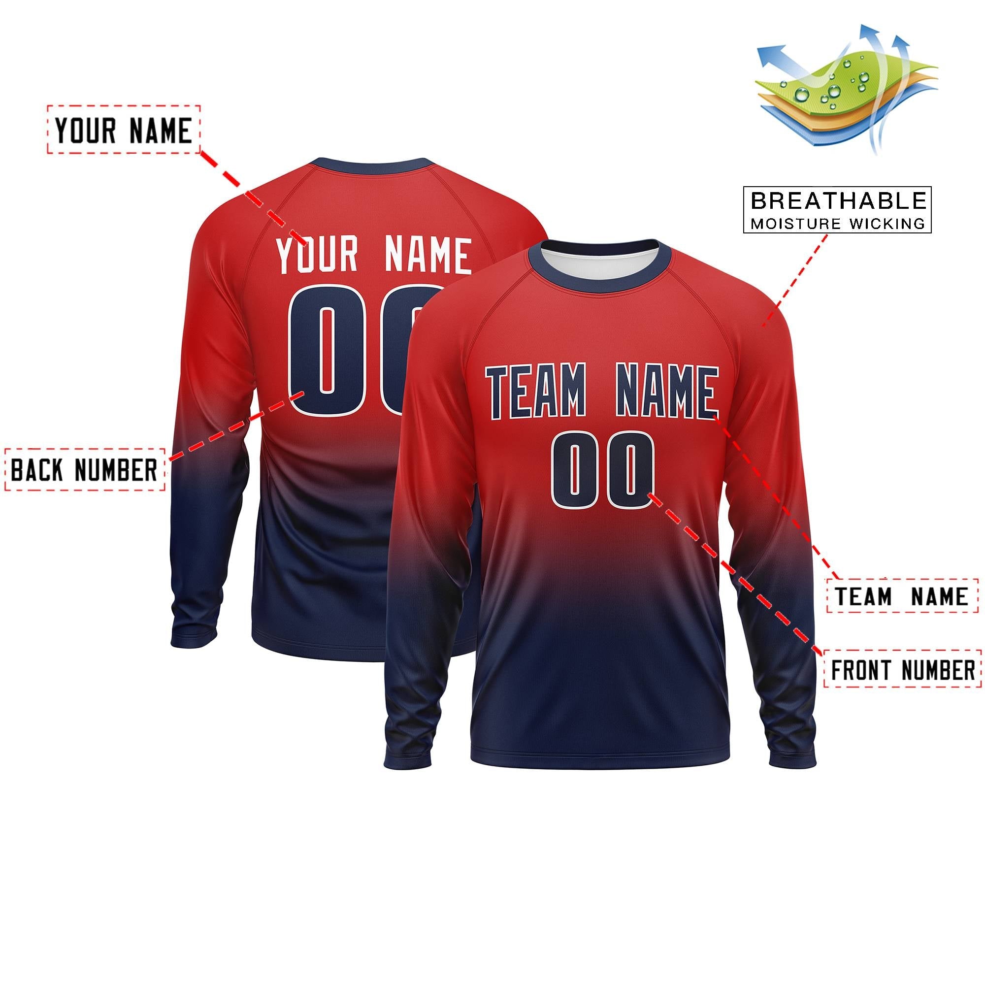 Custom Red-Navy Gradient Fashion Design Long Sleeve Performance T-Shirt