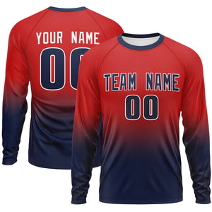 Custom Red-Navy Gradient Fashion Design Long Sleeve Performance T-Shirt