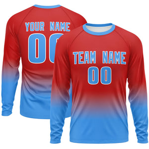 Custom Red-Powder Blue Gradient Fashion Design Long Sleeve Performance T-Shirt