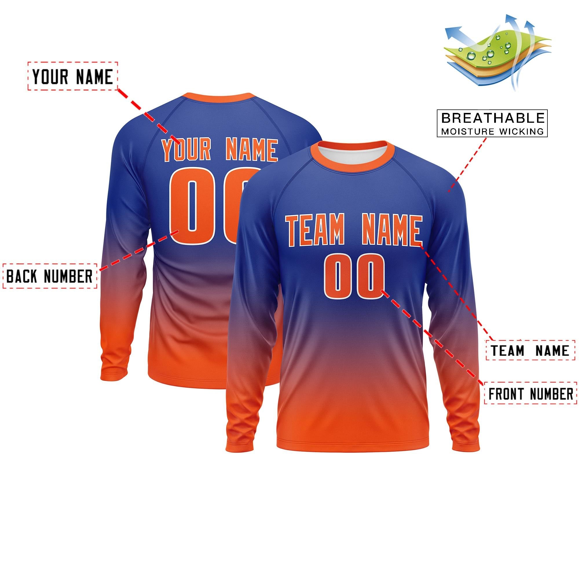 Custom Royal-Orange Gradient Fashion Design Long Sleeve Performance T-Shirt