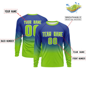 Custom Royal-Neon Green Gradient Fashion Design Long Sleeve Performance T-Shirt