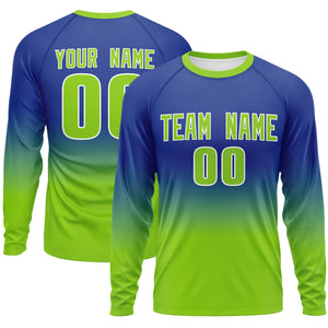 Custom Royal-Neon Green Gradient Fashion Design Long Sleeve Performance T-Shirt