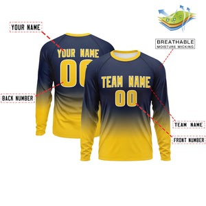 Custom Navy-Gold Gradient Fashion Design Long Sleeve Performance T-Shirt