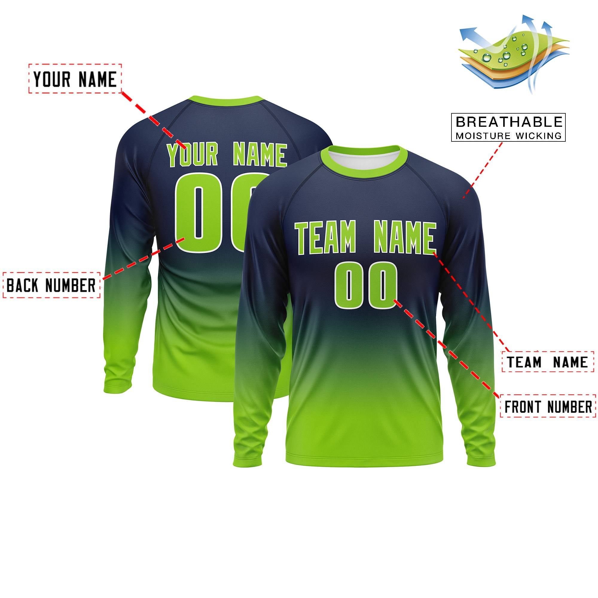 Custom Navy-Neon Green Gradient Fashion Design Long Sleeve Performance T-Shirt