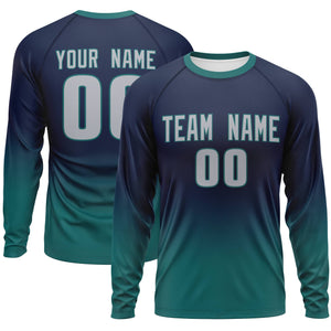 Custom Navy-Aqua Gradient Fashion Design Long Sleeve Performance T-Shirt