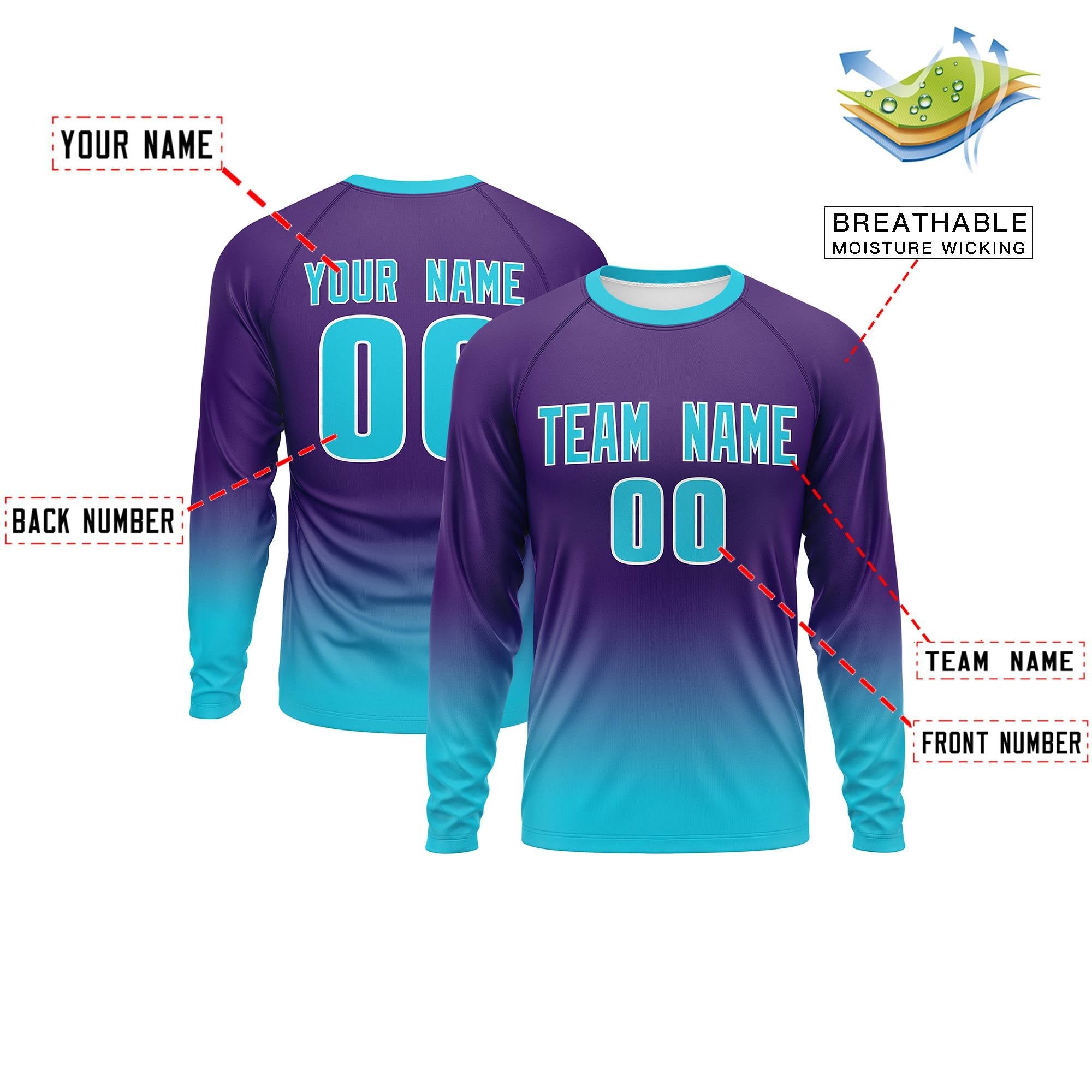 Custom Purple-Sky Blue Gradient Fashion Design Long Sleeve Performance T-Shirt