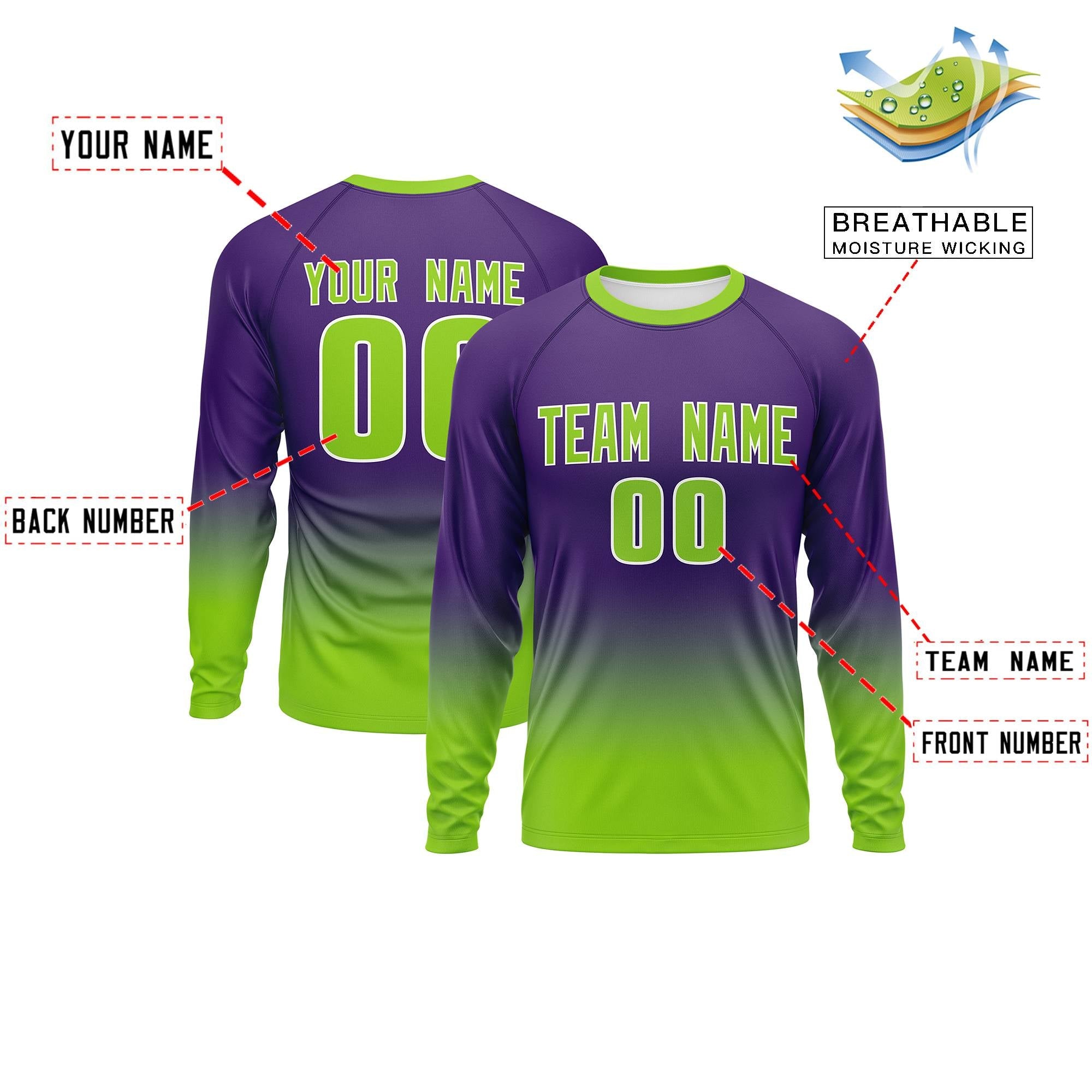 Custom Purple-Neon Green Gradient Fashion Design Long Sleeve Performance T-Shirt