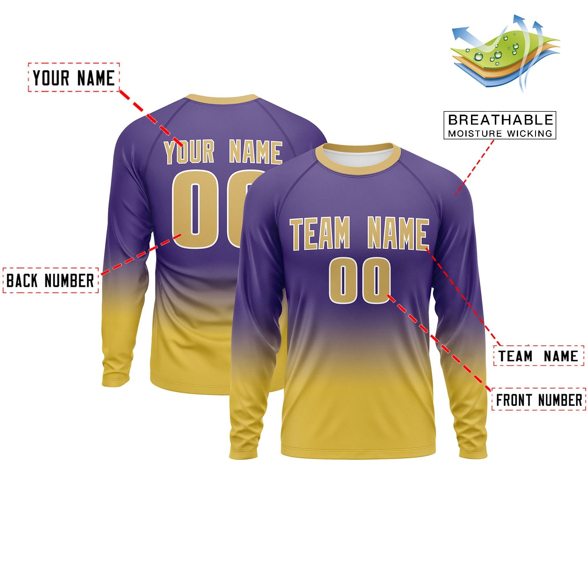 Custom Purple-Old Gold Gradient Fashion Design Long Sleeve Performance T-Shirt