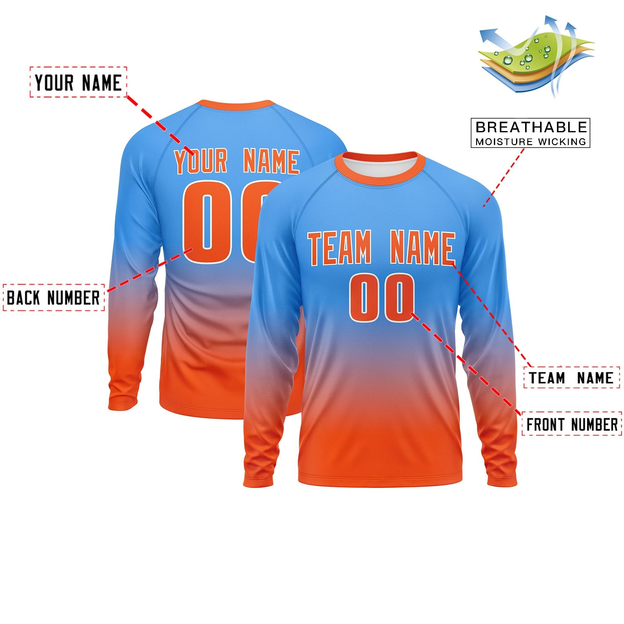 Custom Powder Blue-Orange Gradient Fashion Design Long Sleeve Performance T-Shirt