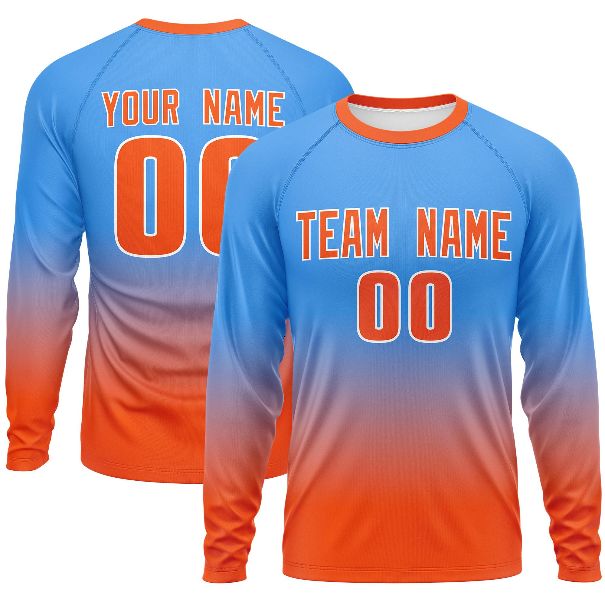 Custom Powder Blue-Orange Gradient Fashion Design Long Sleeve Performance T-Shirt