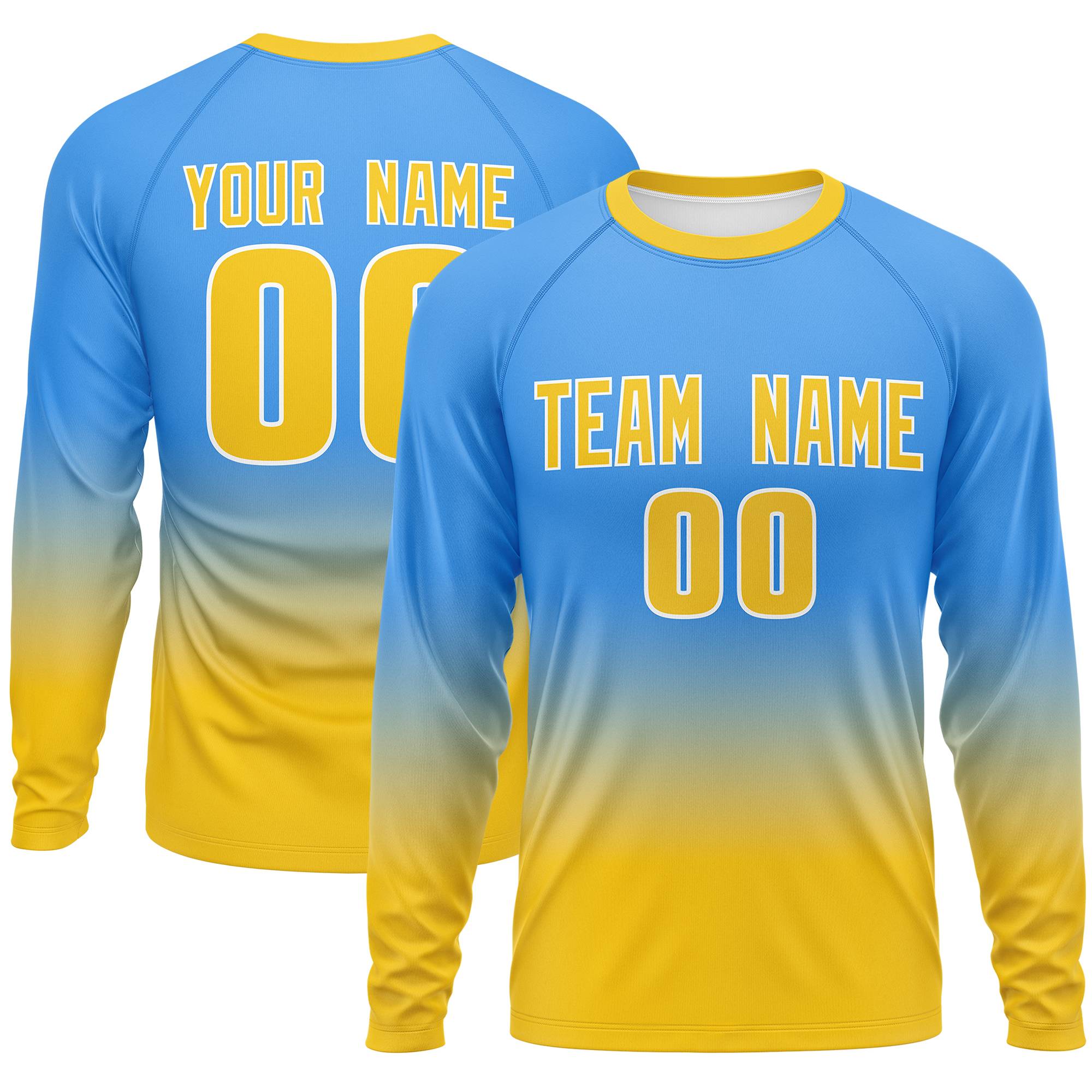 Custom Powder Blue-Gold Gradient Fashion Design Long Sleeve Performance T-Shirt