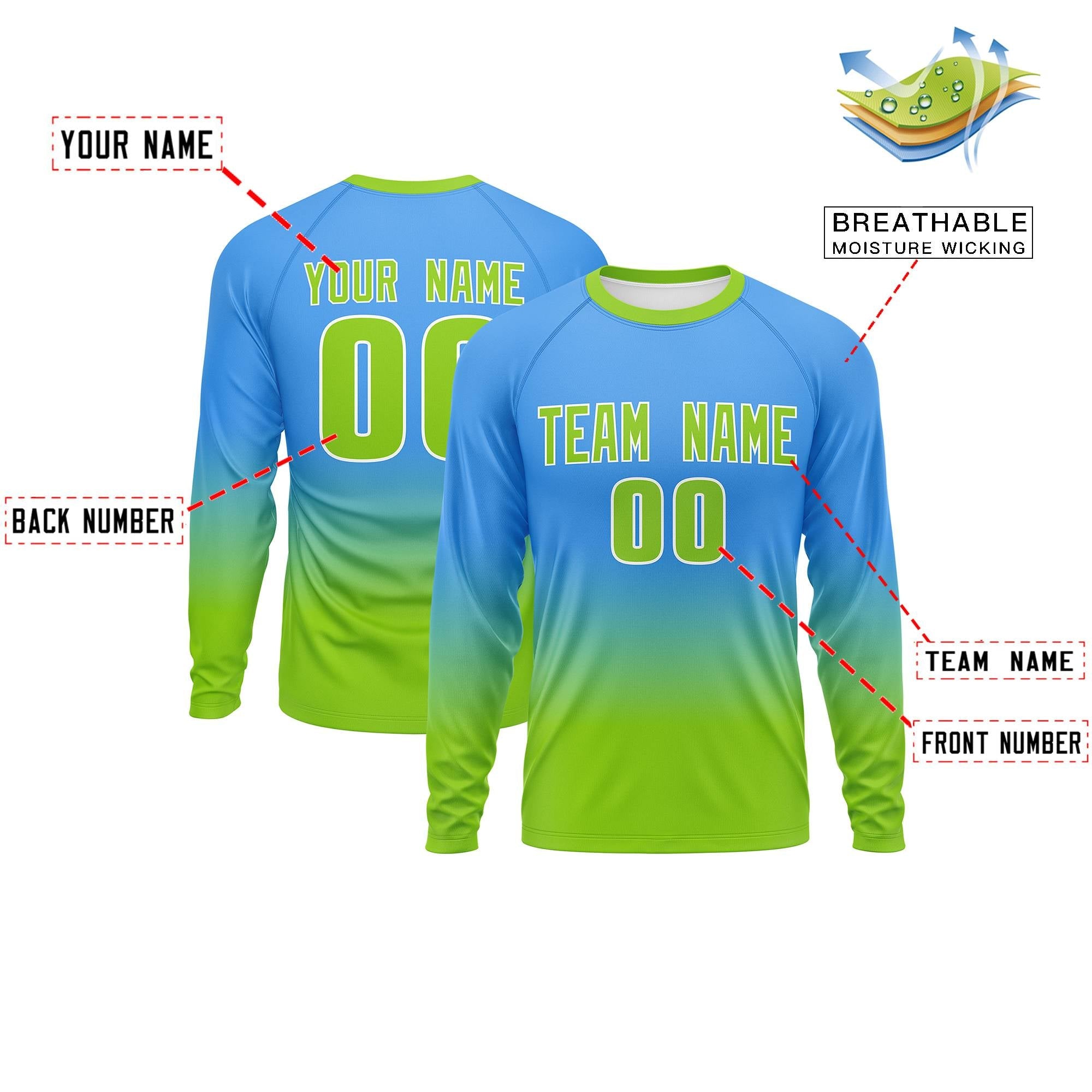 Custom Powder Blue-Neon Green Gradient Fashion Design Long Sleeve Performance T-Shirt