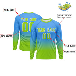 Custom Powder Blue-Neon Green Gradient Fashion Design Long Sleeve Performance T-Shirt