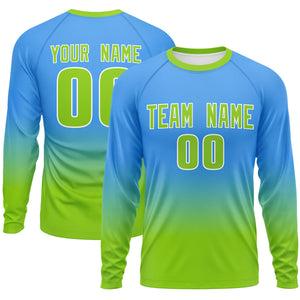 Custom Powder Blue-Neon Green Gradient Fashion Design Long Sleeve Performance T-Shirt