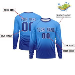 Custom Powder Blue-Royal Gradient Fashion Design Long Sleeve Performance T-Shirt