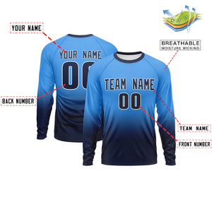 Custom Powder Blue-Navy Gradient Fashion Design Long Sleeve Performance T-Shirt