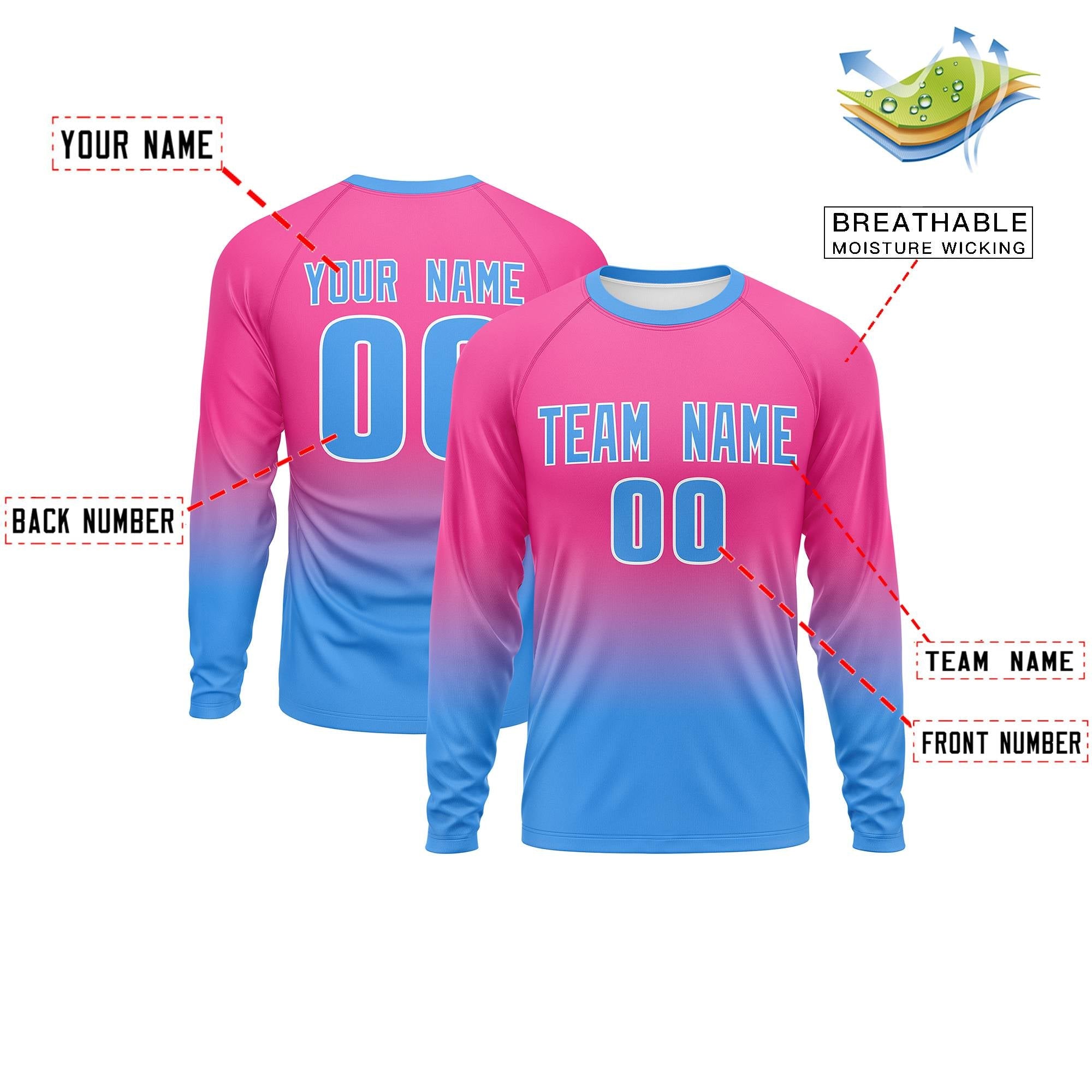 Custom Pink-Powder Blue Gradient Fashion Design Long Sleeve Performance T-Shirt