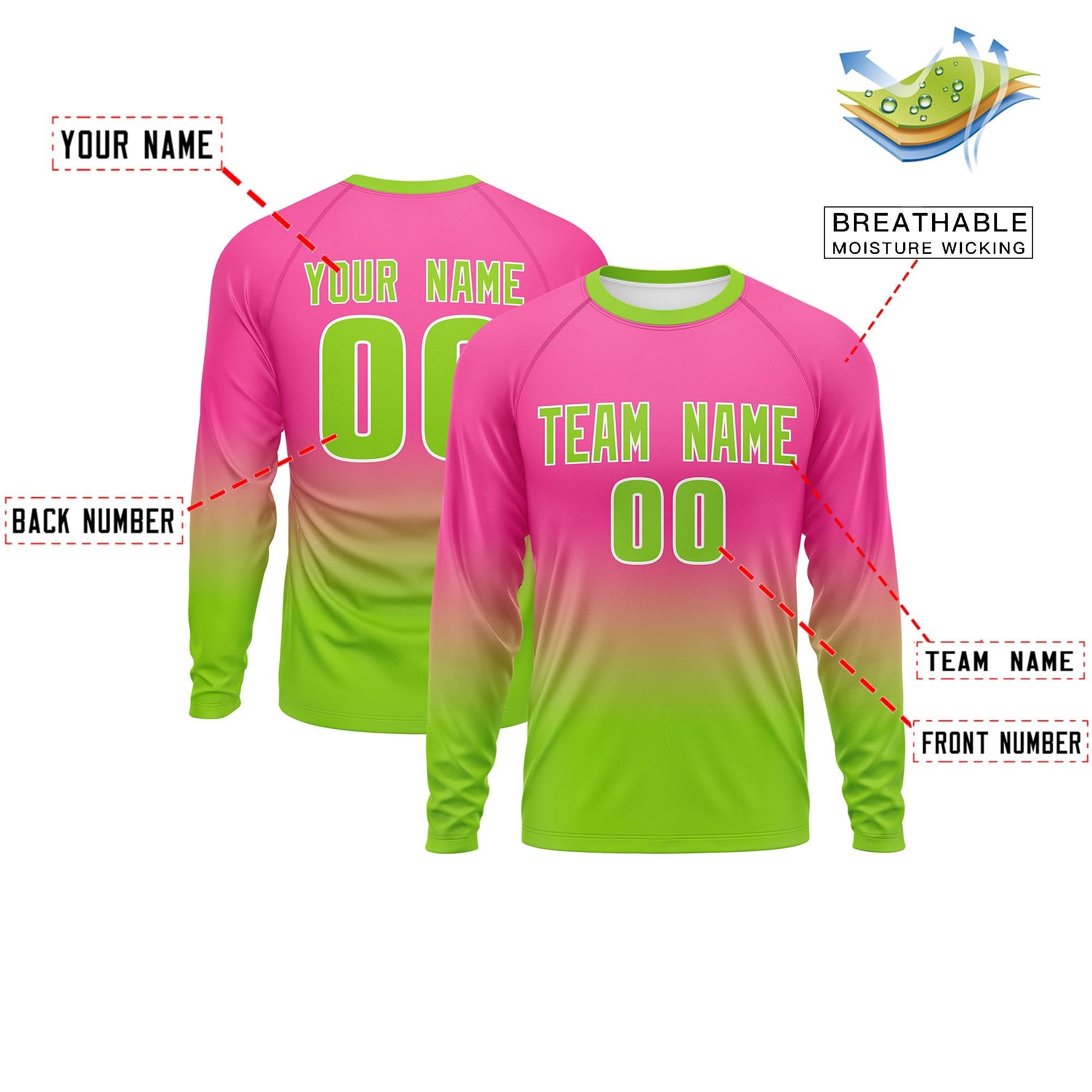 Custom Pink-Neon Green Gradient Fashion Design Long Sleeve Performance T-Shirt