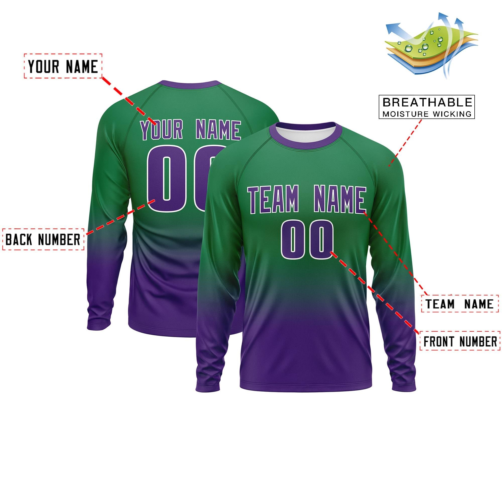 Custom Teal-Purple Gradient Fashion Design Long Sleeve Performance T-Shirt