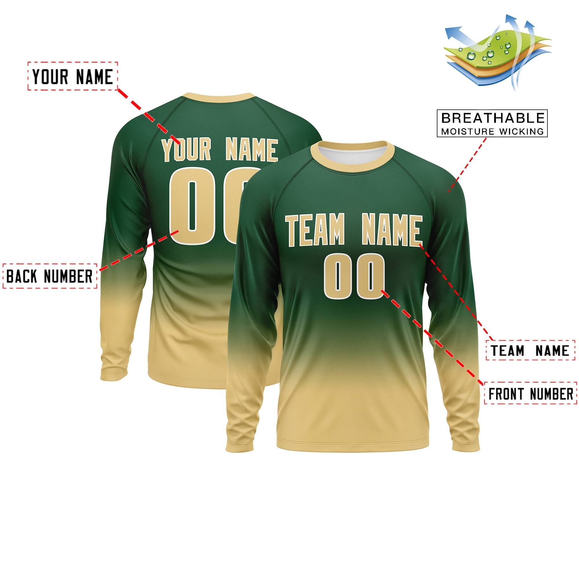 Custom Green-Khaki Gradient Fashion Design Long Sleeve Performance T-Shirt