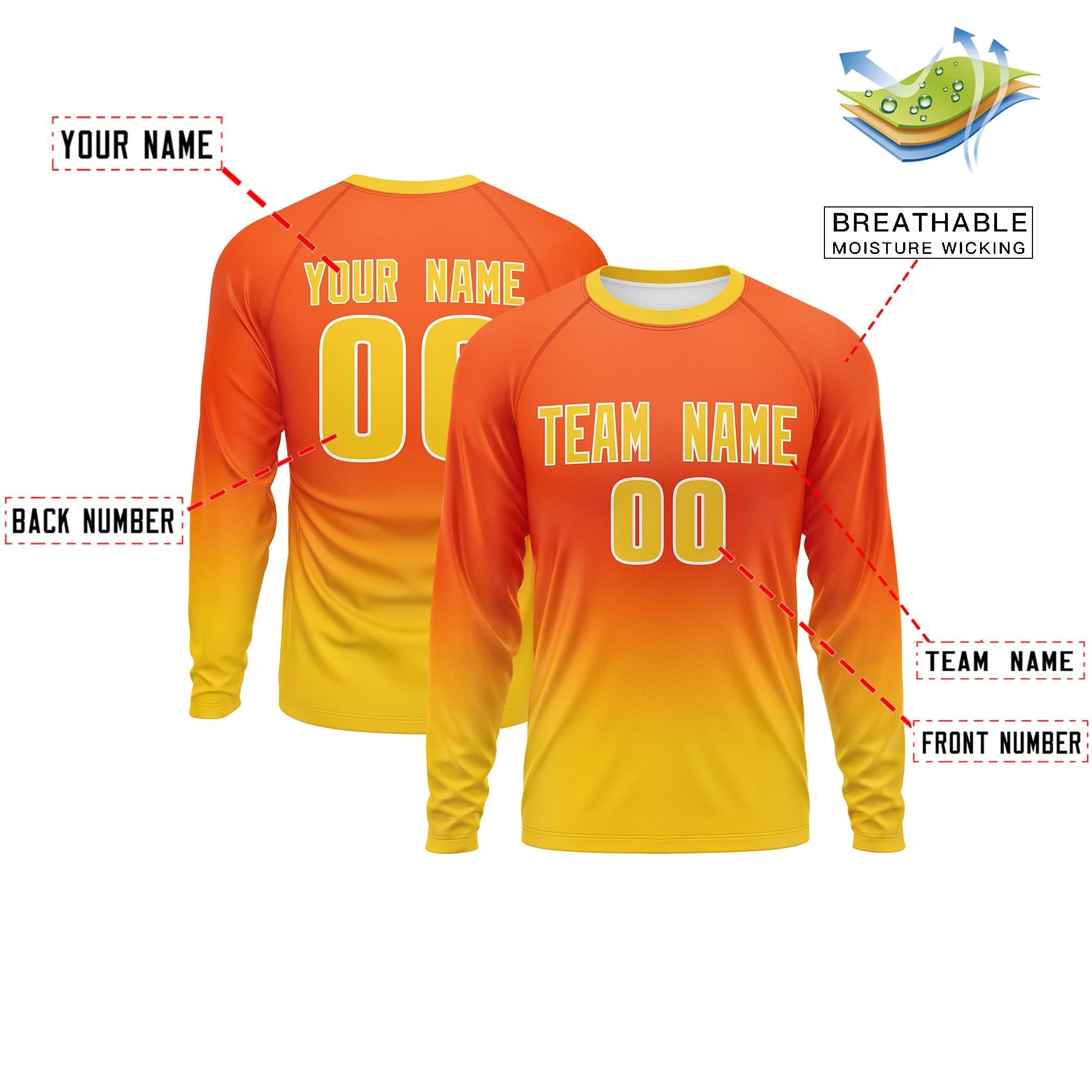 Custom Orange-Gold Gradient Fashion Design Long Sleeve Performance T-Shirt