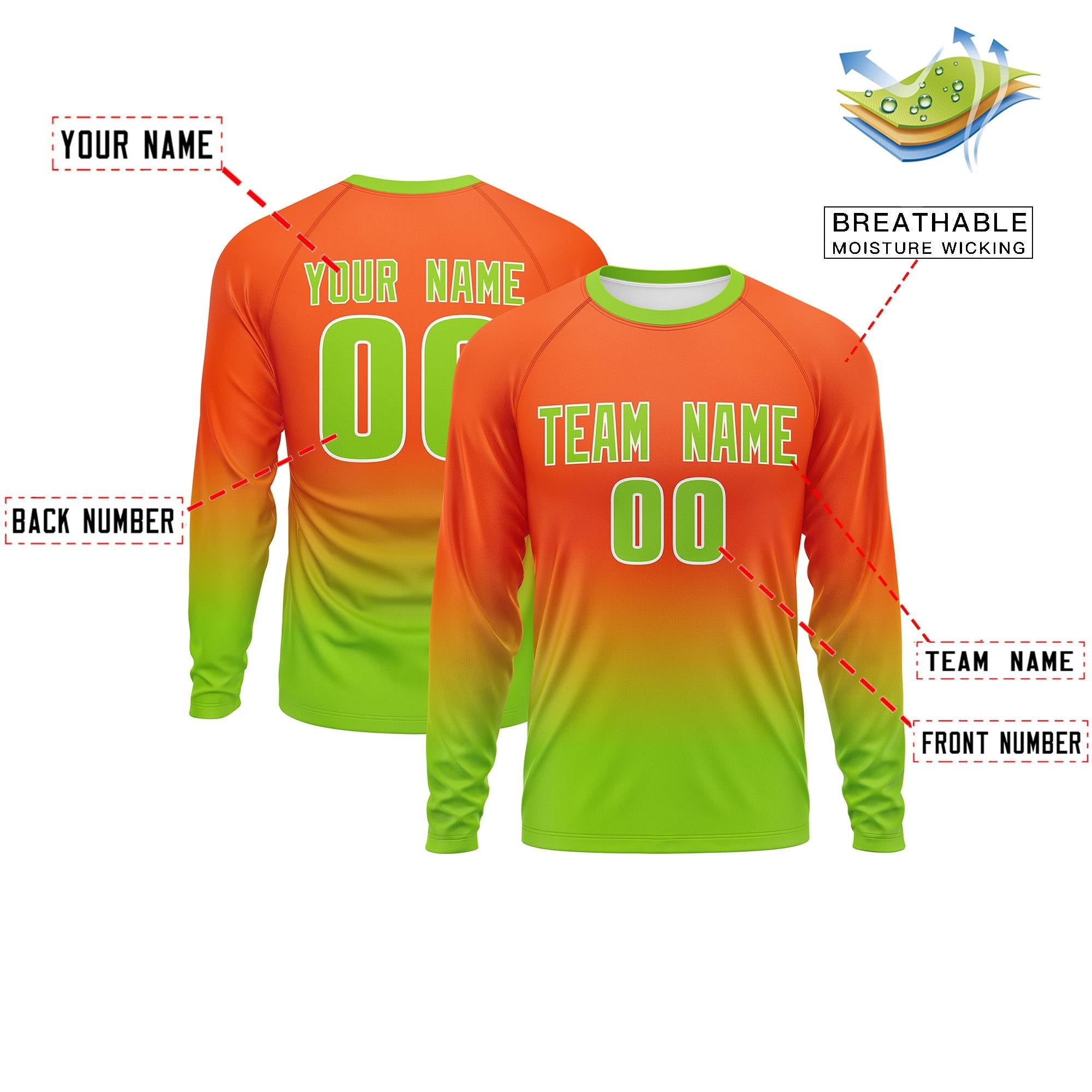 Custom Orange-Neon Green Gradient Fashion Design Long Sleeve Performance T-Shirt