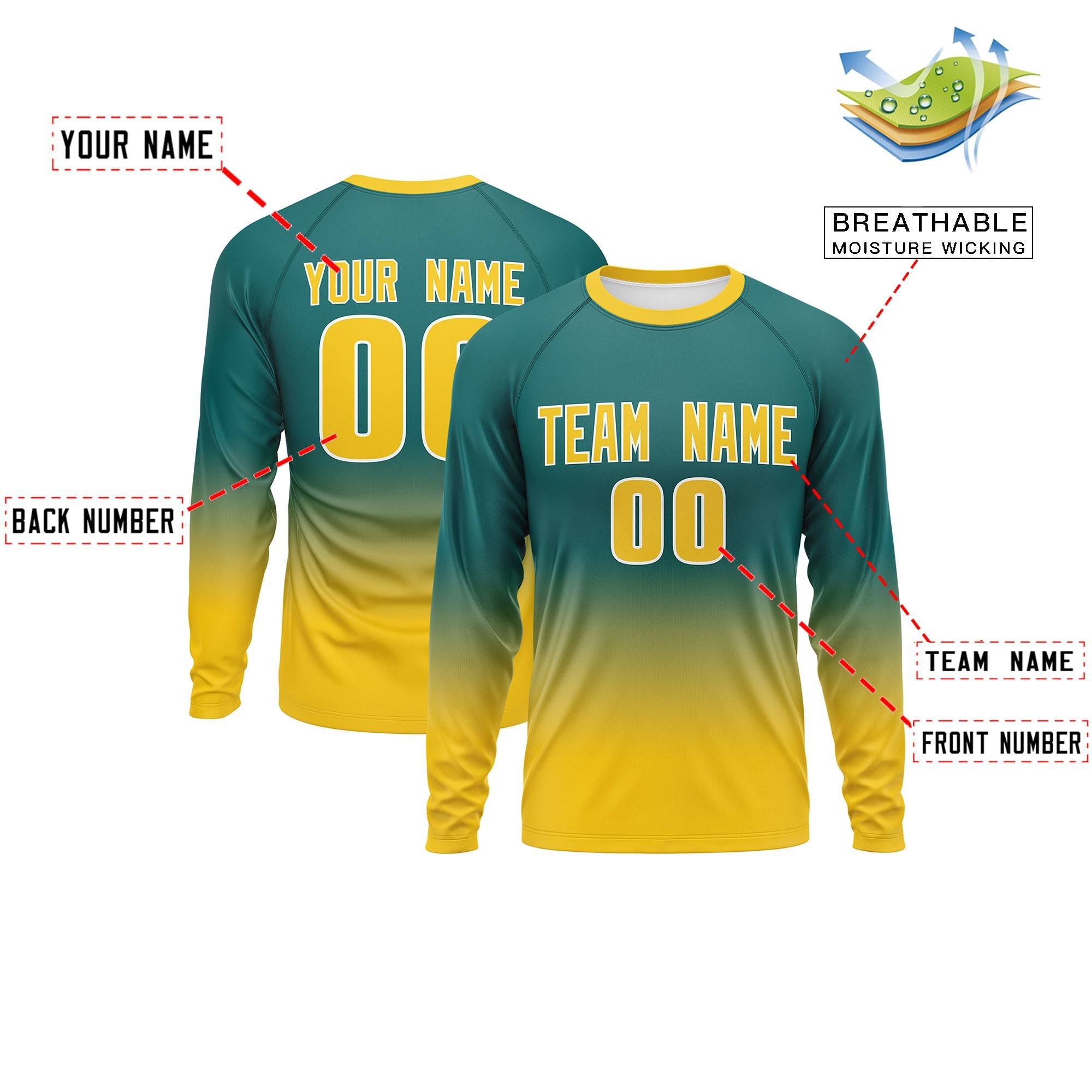 Custom Aqua-Gold Gradient Fashion Design Long Sleeve Performance T-Shirt