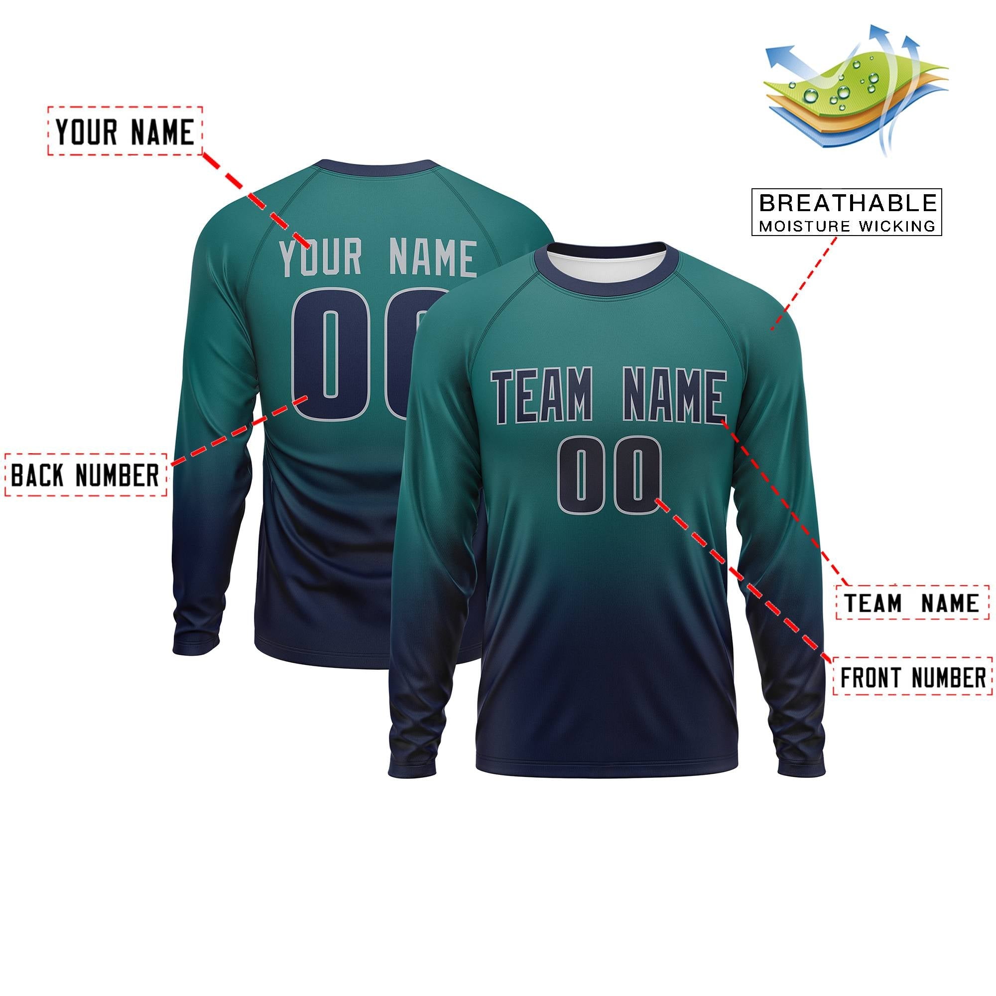 Custom Aqua-Navy Gradient Fashion Design Long Sleeve Performance T-Shirt