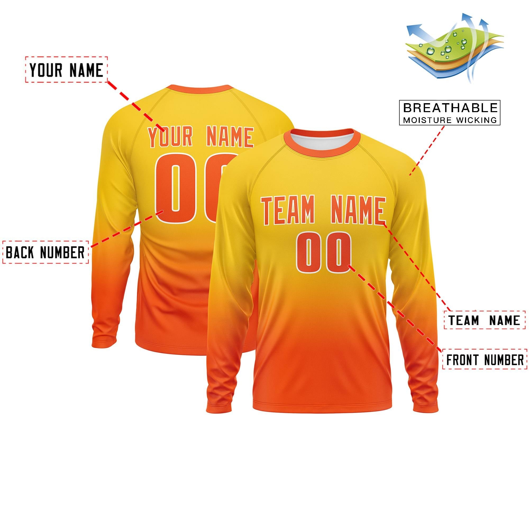 Custom Gold-Orange Gradient Fashion Design Long Sleeve Performance T-Shirt