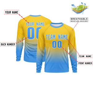 Custom Gold-Powder Blue Gradient Fashion Design Long Sleeve Performance T-Shirt