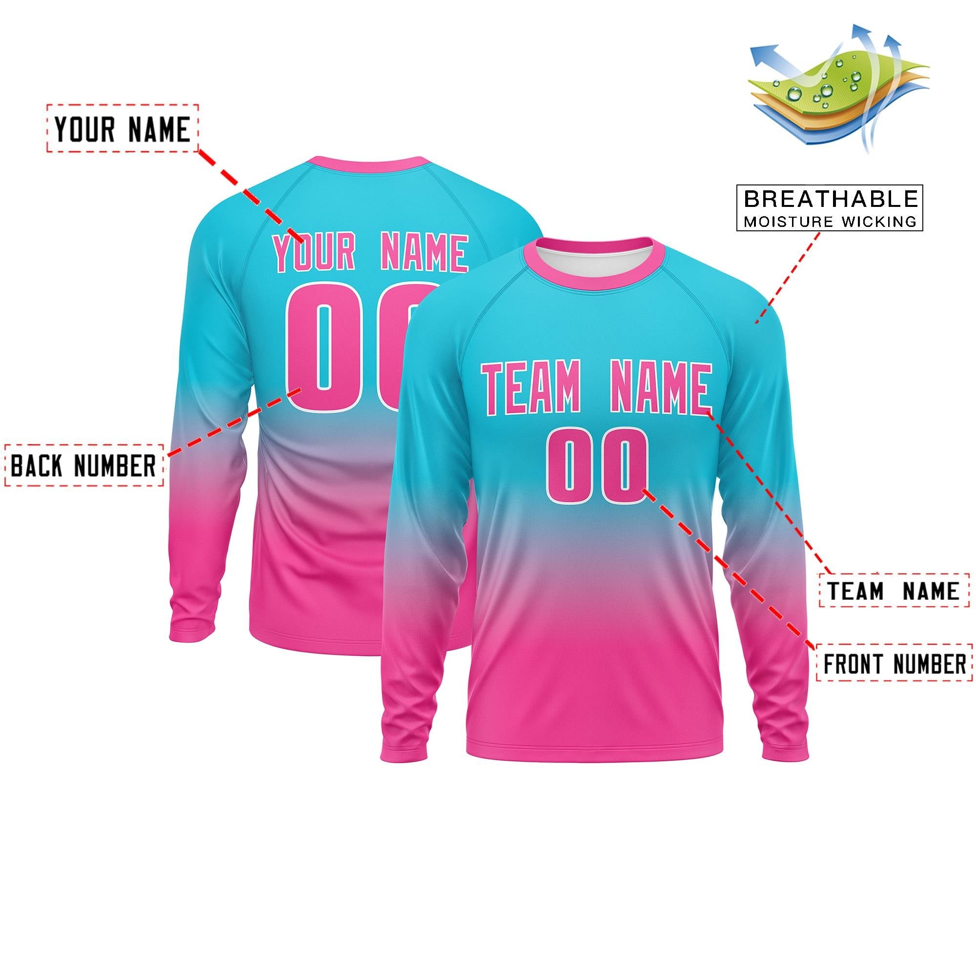 Custom Sky Blue-Pink Gradient Fashion Design Long Sleeve Performance T-Shirt