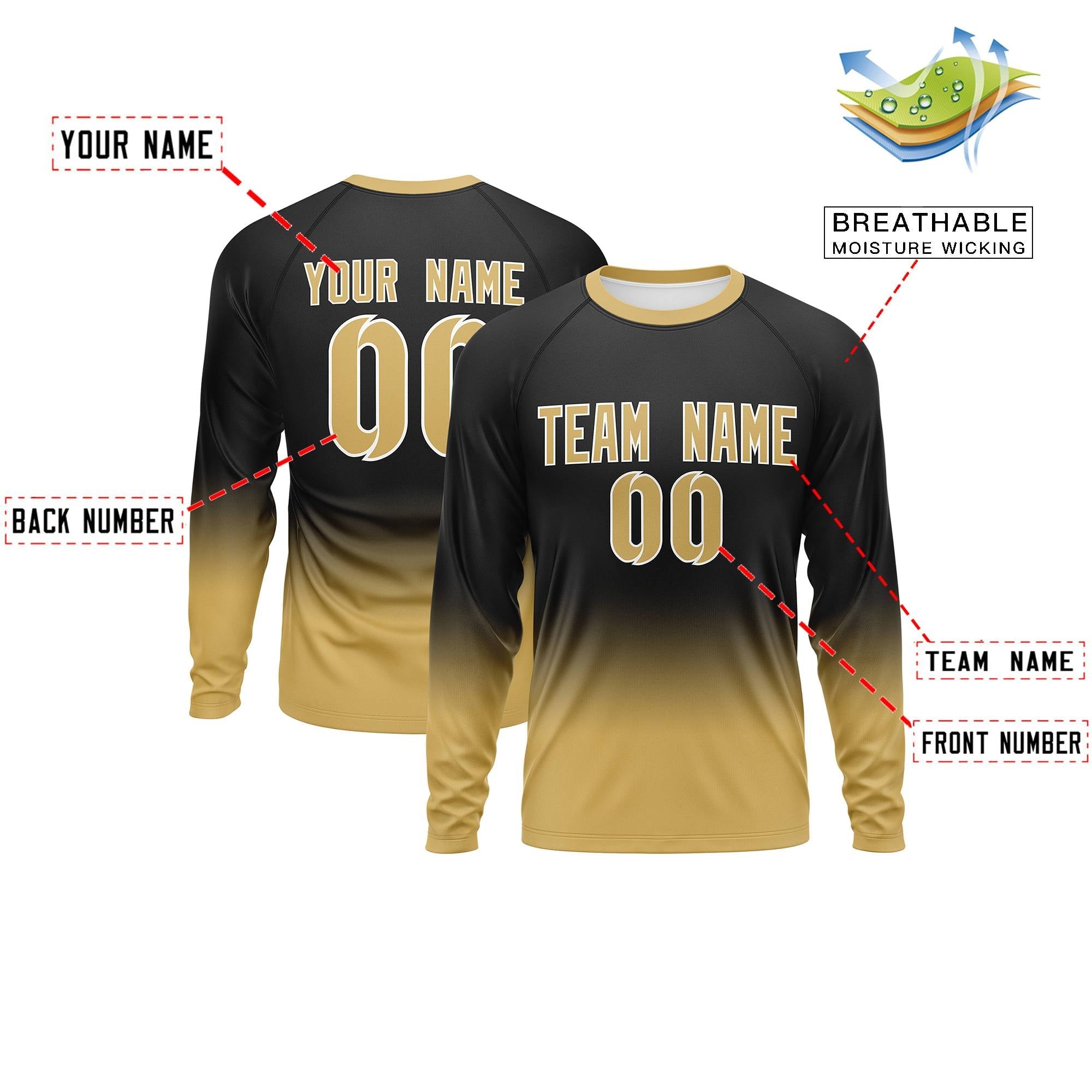 Custom Black-Old Gold Gradient Fashion Design Long Sleeve Performance T-Shirt