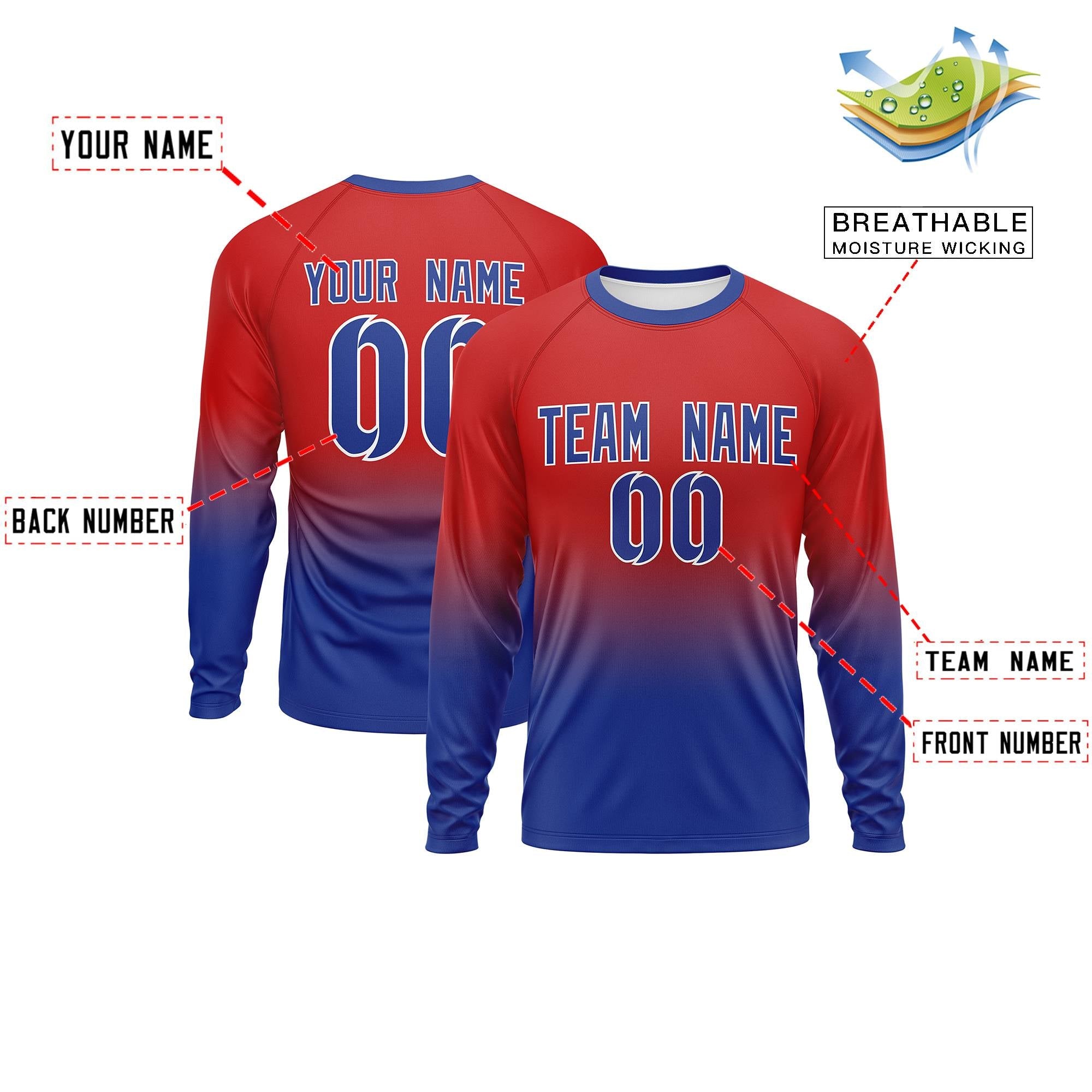 Custom Red-Royal Gradient Fashion Design Long Sleeve Performance T-Shirt