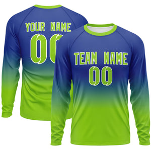 Custom Royal-Neon Green Gradient Fashion Design Long Sleeve Performance T-Shirt