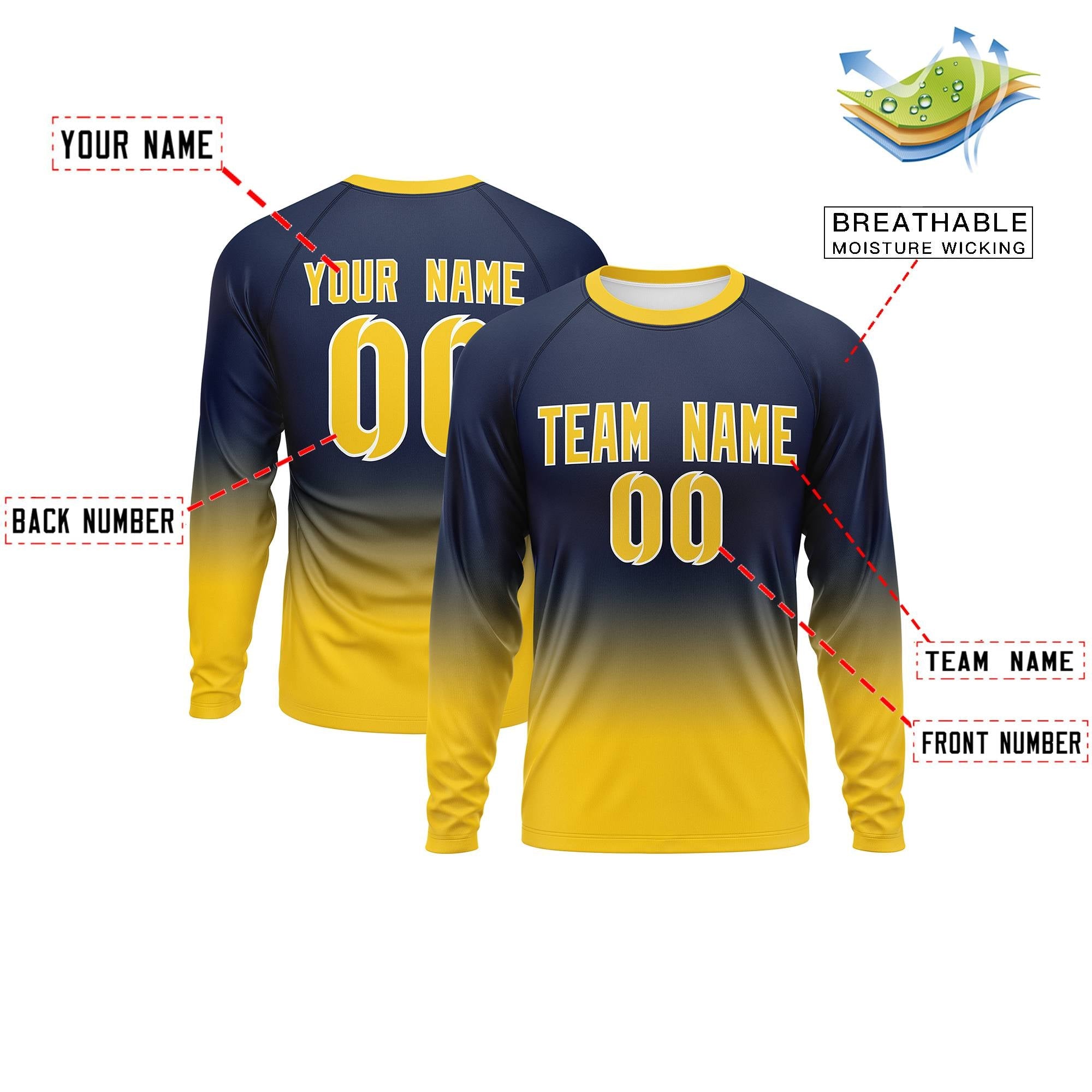 Custom Navy-Gold Gradient Fashion Design Long Sleeve Performance T-Shirt