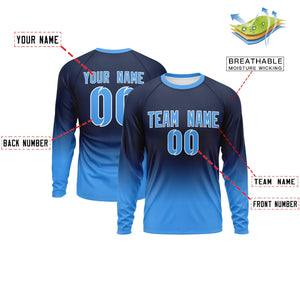 Custom Navy-Powder Blue Gradient Fashion Design Long Sleeve Performance T-Shirt