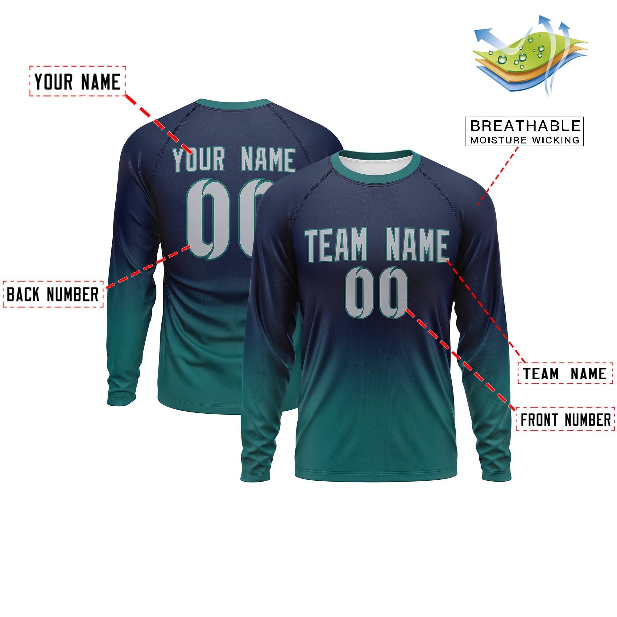 Custom Navy-Aqua Gradient Fashion Design Long Sleeve Performance T-Shirt