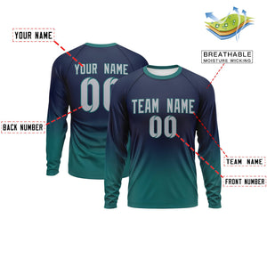 Custom Navy-Aqua Gradient Fashion Design Long Sleeve Performance T-Shirt